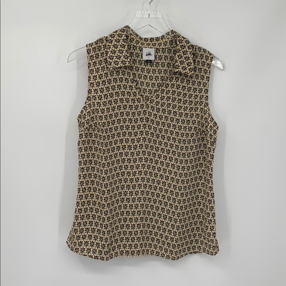 CAbi Bit map top blouse shirt sleeveless yellow geometric v-neck collar new S - Picture 2 of 5